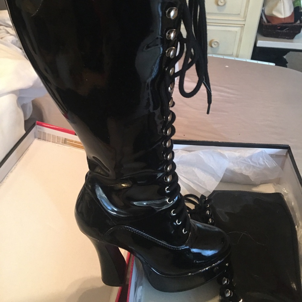 Black satin lace up platform boots